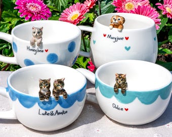 Custom Pet Mug with 3D Dog/Cat Figure Handmade Ceramic Polka Dot Mug Peekaboo Pet Mug Memorial Gift for Pet Lovers Personalized Coffee Cup