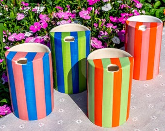 Handmade Striped Ceramic Travel Tumbler: Contrast Bright Color Striped Coffee Mug, To Go Tumbler Sipper Mug