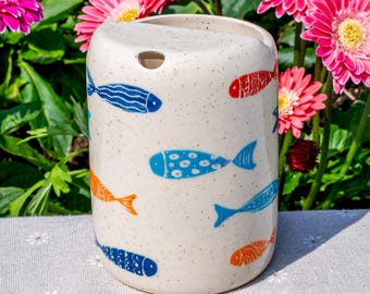 Fish Travel Mug, Handmade Pottery Mug, To Go Ceramic Tumbler, Hand-painted Sip Mug, Coffee Cup Sip Mug Birthday Day Gift for Him