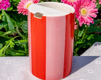 Orange Pink Striped Travel Mug, To Go Ceramic Tumbler, Hand-painted Sip Mug, Handmade Pottery Coffee Cup Unique Gift for Her