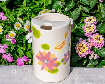 Fish&Water Lily Travel Mug, Handmade Pottery Mug, To Go Ceramic Tumbler, Hand-painted Sip Mug, Coffee Cup Sip Mug Birthday Day Gift for Her