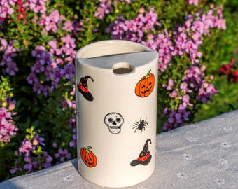 Halloween Travel Mug, Handmade Pottery Mug, To Go Ceramic Tumbler, Hand-painted Sip Mug, Funny Ghost Coffee Cup Sip Mug Gift for Her