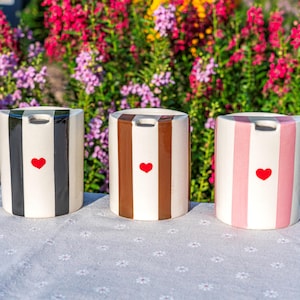 Striped Travel Tumbler, To Go Ceramic Tumbler, Handmade Pottery Mug, Hand-painted Sip Mug, Travel Mug Coffee Cup Unique Gift for Her
