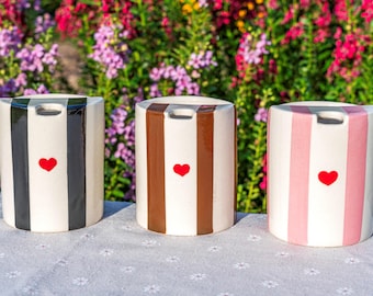 Handmade Striped Ceramic Travel Tumbler: Hand-Painted Pottery Mug