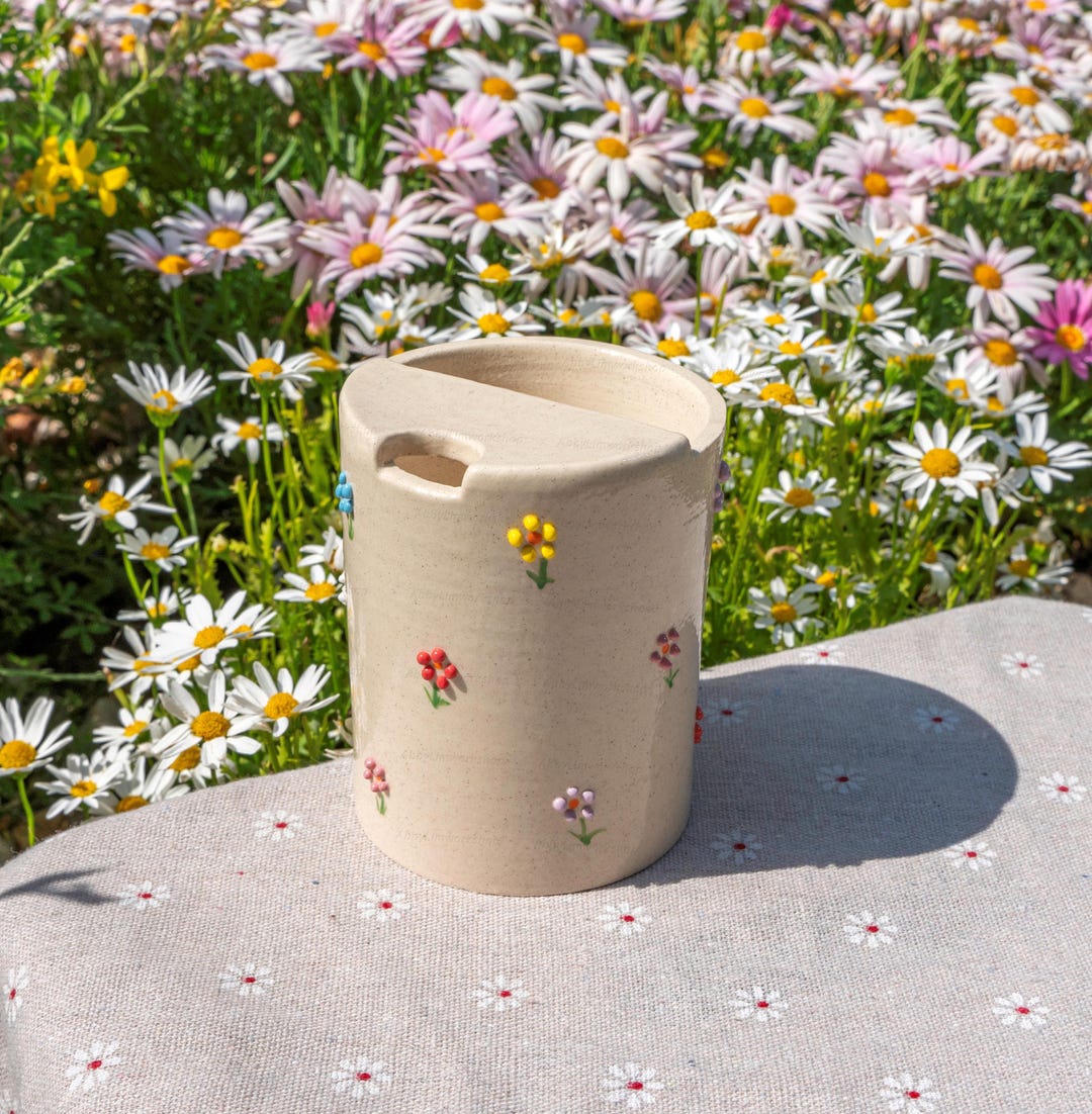 Colorful Flowers Travel Mug, Handmade Pottery Mug, To Go Ceramic Tumbler, Hand-painted Sip Mug, Coffee Cup Sip Mug Birthday Day Gift for Her