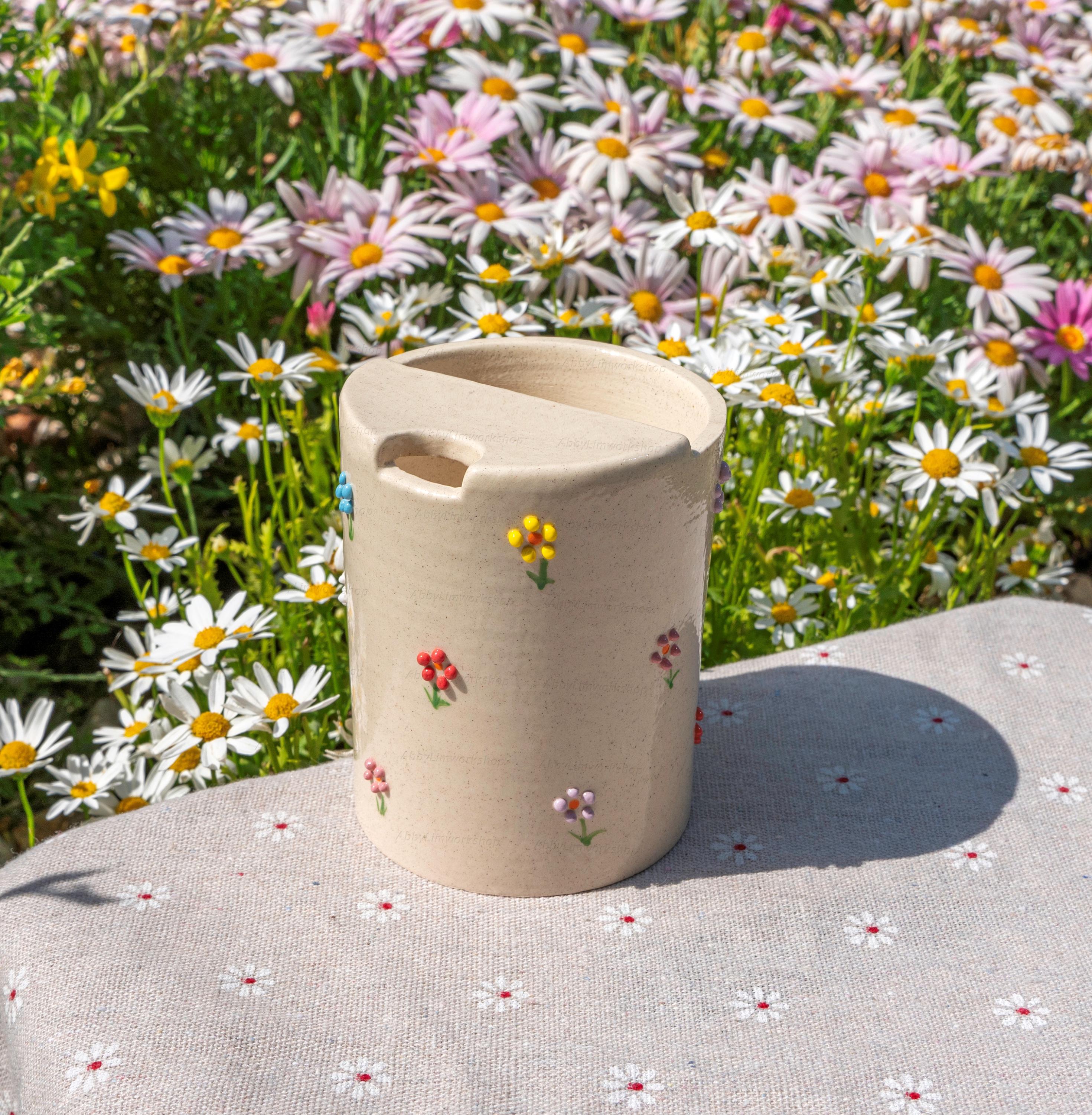 Colorful Flowers Travel Mug, Handmade Pottery Mug, To Go Ceramic Tumbler, Hand-painted Sip Mug, Coffee Cup Sip Mug Birthday Day Gift for Her
