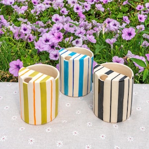 Striped Travel Tumbler, To Go Ceramic Tumbler, Handmade Pottery Mug, Hand-painted Sip Mug, Travel Mug Coffee Cup Unique Gift for Her