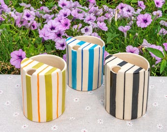 Striped Travel Tumbler, To Go Ceramic Tumbler, Handmade Pottery Mug, Hand-painted Sip Mug, Travel Mug Coffee Cup Unique Gift for Her