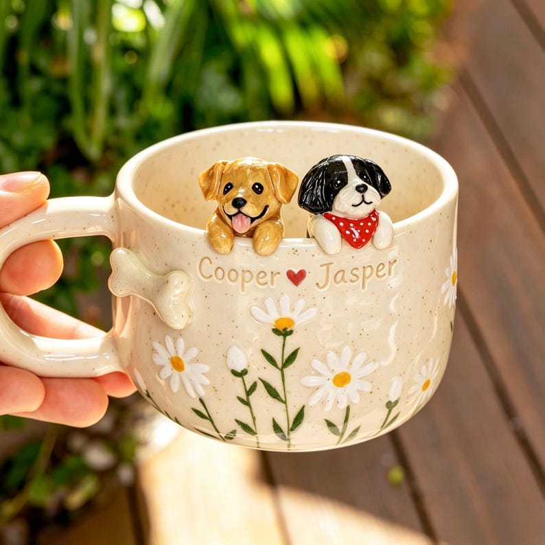 Puede incluir: Una taza de cer&aacute;mica color crema con acabado moteado, que presenta dos figuras de perro esculpidas asom&aacute;ndose por el borde. La taza muestra el texto Cooper, un coraz&oacute;n rojo y Jasper, junto con margaritas blancas pintadas y un asa con forma de hueso.