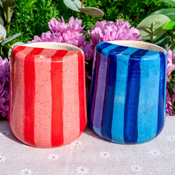 Striped Travel Tumbler, To Go Ceramic Tumbler, Handmade Pottery Mug, Hand-painted Sip Mug, Travel Mug Coffee Cup Unique Gift for Her