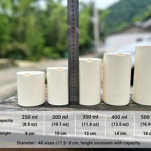 May include: Five off-white cylindrical pump bottles of varying heights arranged in a row. A metal ruler stands vertically behind them for scale. A chart below lists capacities from 8.5 oz to 16.9 oz and heights from 9 cm to 16 cm, with a diameter of 3 inches.