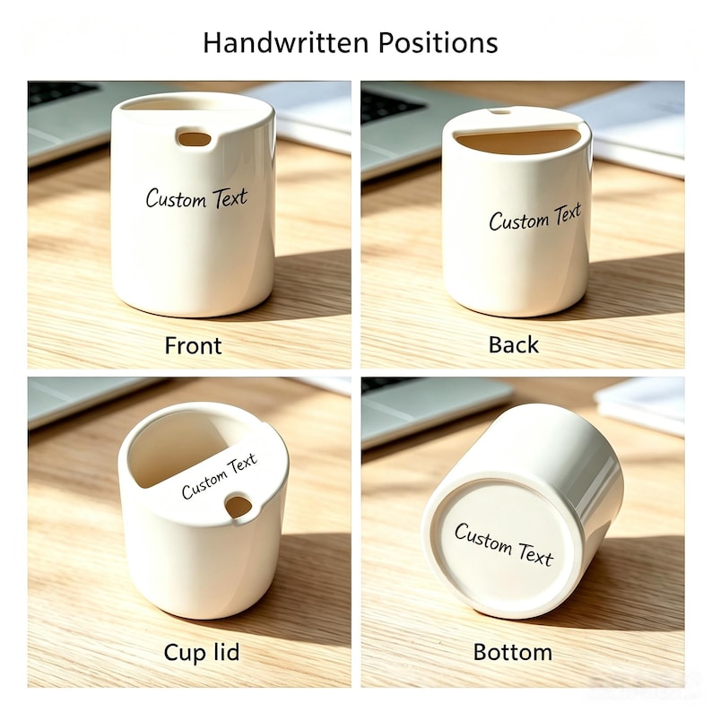 May include: A white ceramic cup with a lid featuring a small circular opening. The cup displays the words Custom Text in black script on the front, back, lid, and bottom. The design includes a semi-circular cutout on the lid for access.
