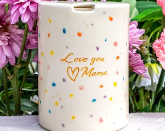 Colorful Spots Travel Mug, Handmade Ceramic Coffee Cup, To Go Mug, Hand-painted+Evgraving Text Mother's Day Gift for Mama