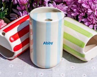 Custom Text Mug, Personalized Striped Travel Mug, Handmade Ceramic Coffee Tumbler