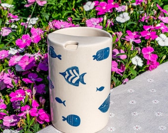 Fish Travel Mug, Handmade Pottery Mug, To Go Ceramic Tumbler, Hand-painted Sip Mug, Coffee Cup Sip Mug Mother's Day Gift for Her