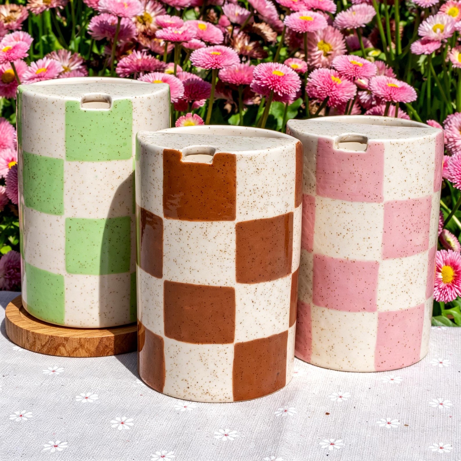 Brown Checkerboard Travel Mug, Handmade Ceramic - 300ml, Brown