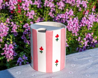 Tulips Travel Mug, Handmade Pottery Mug, To Go Ceramic Tumbler, Hand-painted Sip Mug, Coffee Cup Sip Mug Mother's Day Gift for Her