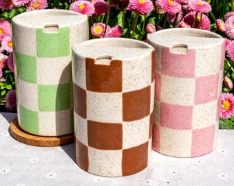 Pink/Brown/Green Checkerboard Travel Mug, Handmade Ceramic Coffee Cup Handpainted Tumbler Checkered Pottery Mug Mother's Day Gifts