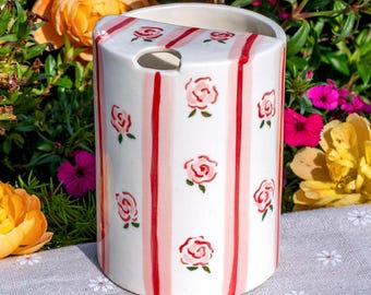 Rose Travel Mug, Handmade Pottery Mug, To Go Ceramic Tumbler, Hand-painted Sip Mug, Flower Coffee Cup Sip Mug Birthday Day Gift for Her