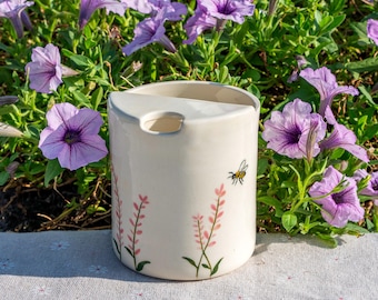 To Go Ceramic Tumbler, Flower&Bee Travel Mug, Handmade Ceramic Mug, Hand-painted Coffee Cup, Sipper Mug Mother's Day Gift for Her-PREORDER
