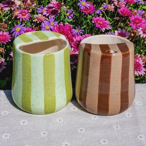 Peut inclure: Deux cache-pots muraux en c&eacute;ramique avec une finition mouchet&eacute;e. L'un pr&eacute;sente des rayures verticales vert clair et vert p&acirc;le, tandis que l'autre affiche des rayures verticales marron fonc&eacute; et beige. Les deux ont une ouverture large.