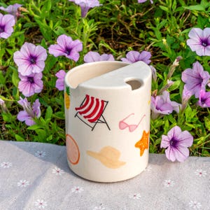 Summer Beach Travel Mug, Handmade Pottery Mug, To Go Ceramic Tumbler, Hand-painted Sip Mug, Coffee Cup Sip Mug Mother&#39;s Day Gift for Her
