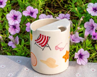 Summer Beach Travel Mug, Handmade Pottery Mug, To Go Ceramic Tumbler, Hand-painted Sip Mug, Coffee Cup Sip Mug Mother's Day Gift for Her