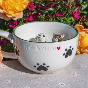 May include: A white ceramic mug with a green rim, featuring black paw prints and the embossed text "Nick & Nunu" with a red heart. Inside the mug, two small 3D animal figurines are visible: a white curly-haired dog and a brown tabby cat.