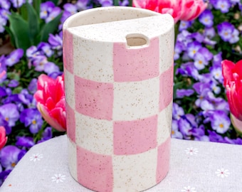 Handmade Ceramic Travel Mug, Pink Checkerboard Pottery Coffee Cup Handpainted Tumbler with Lid, Mother's Day Gifts