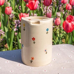 Colorful Flower Travel Mug, Handmade Pottery Mug, To Go Ceramic Tumbler, Hand-painted Sip Mug, Coffee Cup Sip Mug Mother's Day Gift for Her