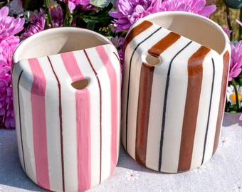 Handmade Ceramic Travel Mug: Pink & Brown Striped Coffee Cup, Hand-painted To Go Tumbler, Valentine's Day Gift-Preorder