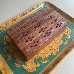 Vintage Carved Wood Box with Brass Inlay - Rectangle