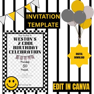 Zaproszenie urodzinowe, uśmiechnięta buźka w kratkę (szablon Canva 5 x 7 cali, wersja cyfrowa do pobrania)