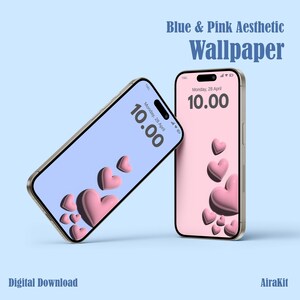 3D Heart Love Wallpaper | Pink and Blue Minimalist Phone Background | Aesthetic Cute Lock Screen | Digital Download | For Android and iPhone
