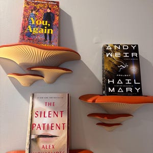 May include: Orange and cream-colored mushroom-shaped shelves holding books. The books include "You, Again", "The Silent Patient", and "Project Hail Mary". The shelves are mounted on a light gray wall, creating a unique display.