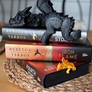 Könnte beinhalten: Eine schwarze Drachenfigur liegt auf einem Stapel Bücher. Die Bücher tragen Titel wie "Fourth Wing" und "Iron Flame" von Rebecca Yarros. Ein goldener Drachen-Lesezeichen befindet sich auf dem unteren Buch. Die Bücher liegen auf einer gewebten Matte.