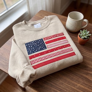 Embroidered American Flag Sweatshirt, Patriotic USA Crewneck, 4th of July Shirt, Memorial Day Shirt, Unisex Grey Pullover, Gift for Her Him