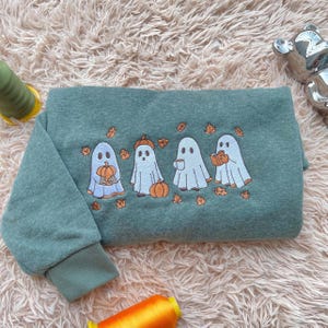 Embroidered Ghost Fall Sweatshirt, Embroidered Ghost Pumpkin Hoodie, Spooky Season Shirt, Halloween Lover Gifts, Ghost and Pumpkin Crewneck