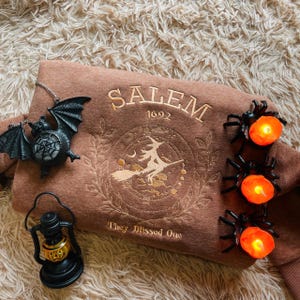 Può includere: Una felpa marrone con la scritta "Salem 1692" ricamata, insieme a una strega su una scopa. Un pipistrello nero e una lanterna nera con una faccia di zucca sono accanto alla felpa. Sono presenti anche tre luci a forma di ragno nero con luci arancioni.