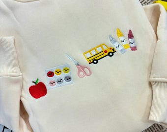 Embroidered Teacher Life Crewneck Sweatshirt with Cute Teacher Icons, Embroidered Teacher Sweatshirt, Teacher Appreciation, Teacher Gift