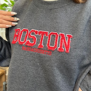 Boston Massachusetts Embroidered Varsity sweatshirt, Embroidery Crewneck, Embroidered Sweatshirt, university sweaters, personalized crewneck