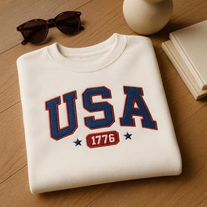 USA Embroidered Sweatshirt, 4th of July Sweater, America Sweatshirt USA est 1776 Patriotic Crewneck Womens 4th of July Sweatshirt Flag Shirt