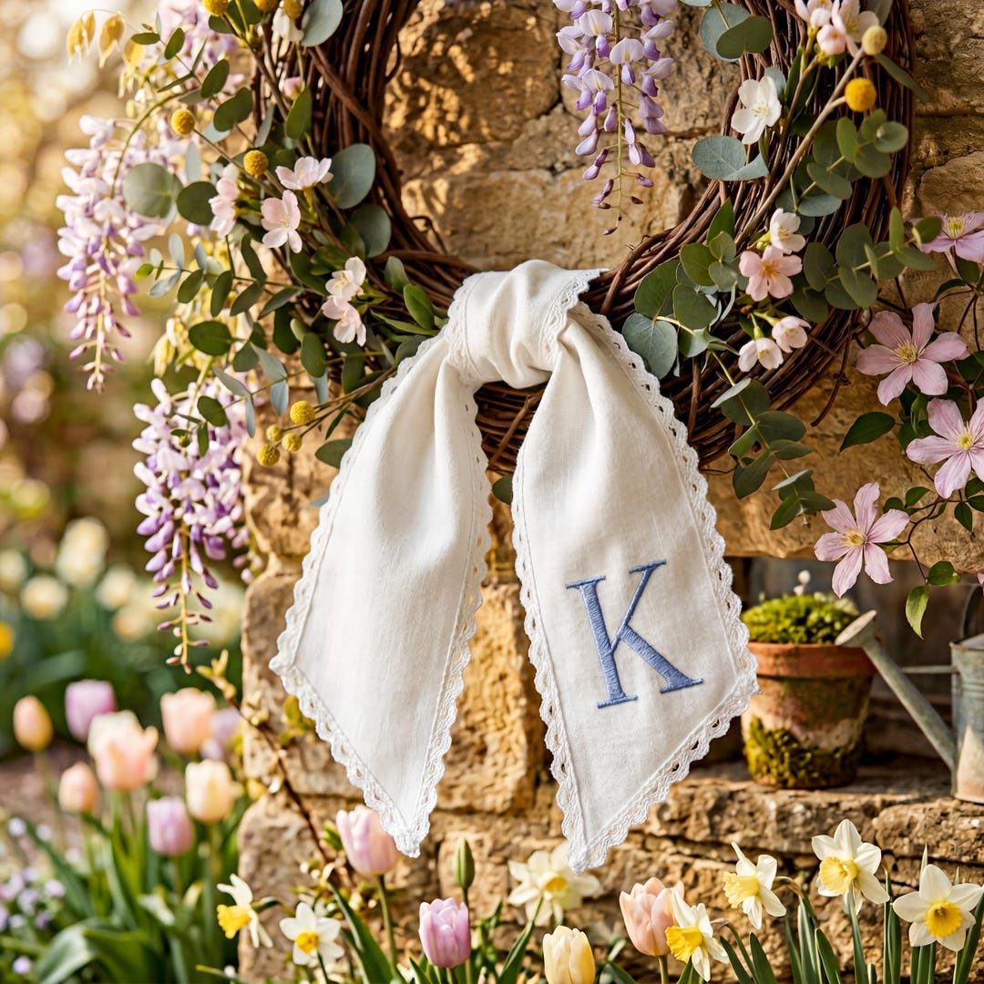 Personalized Spring Wreath Sash, Monogram Linen Bow for Front Door, Floral Wreath Ribbon, Easter Door Decor, Custom Initial Sash