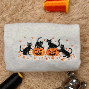 Embroidered Halloween Black Cat Sweatshirt, Pumpkin Fall Sweater, Halloween Crewneck, Cute Autumn Spooky Season, Bat Tee Top, Cat Lover Gift
