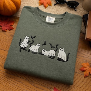 Embroidered Ghost Cat Sweatshirt, Halloween Shirt, Funny Ghost Cat Design, Spooky Season Gift, Unisex Fall Crewneck, Cute Halloween Sweater