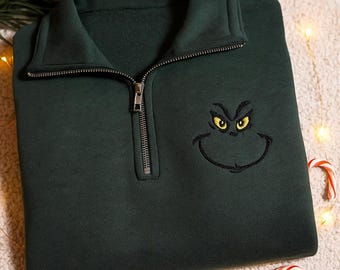 Sudadera navideña con cremallera de un cuarto con la cara del Grinch: Sudadera verde navideña de la película del Grinch
