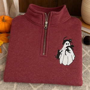 Ghost Embroidered Sweatshirt, Halloween Shirt, Cute Cat Ghost Design, Spooky Season Gift, Unisex Fall Outfit, Bats and Cats Shirt, Cozy Tee
