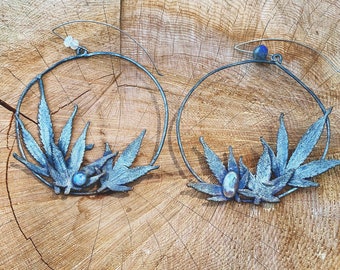 herbalHOOPS - Copper electroformed Marijuana leaves with Moonstone and Labradorite Hoop OOAK Bohemian Botanical Herbal Statement Earrings