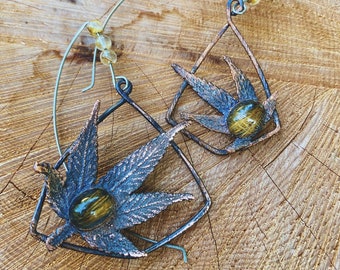 goldLEAF- Copper electroformed Marijuana leaves with Gold Rutile Quartz OOAK Bohemian Botanical Statement Earrings