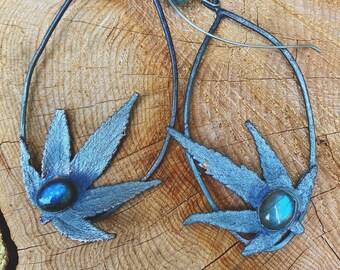 cannaMAGIC- Copper electroformed Marijuana leaves with Labradorite Asymmetrical Geometric OOAK Bohemian Botanical Herbal Statement Earrings